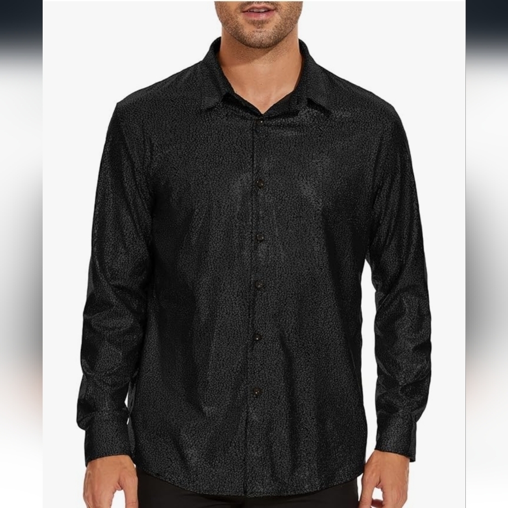 Men's Black Shiny Metallic Dress Shirt